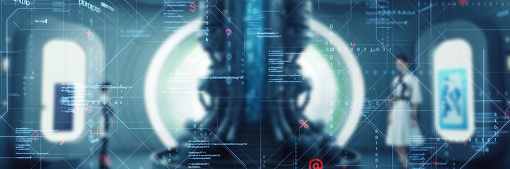 Poster - Futuristic facility and digital technology concept. Wide angle visual for banners or advertisements.