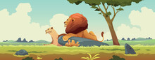 Lion Family Landscape. Cartoon Wildlife Background With Lion Cubs, King Leo Male And Female Feline Animals In Nature, Zoo Safari Concept. Vector Illustration
