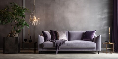 Wall Mural - Stylish gray velvet sofa against stucco wall. Interior design of modern living room