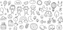 Vector Hand-drawn Kids Doodle Set. Drawings For Children On White Background. Children, Baby, School Related Design Elements Set.	
