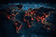 A Digital Map Of The World, Glowing At Ransomware-affected Areas, Demonstrates The Global Scale And Reach Of Such Cyber Attacks