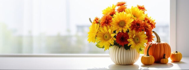 Wall Mural - Autumn Thanksgiving decorative arrangement of sunflower flowers and chrysanthemums in pumpkin on white table at home. Thanksgiving interior decorative composition web banner