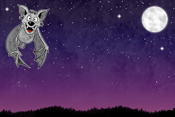 Wall Mural - illustration of a cartoon bat in night sky with copy space and stars