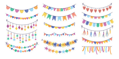 Party garland collection. Cartoon colorful holiday bunting elements, festival decorative banners and ribbons, celebration decoration. Vector isolated set