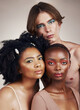 © Wesley/peopleimages.com - Portrait, diversity or makeup with a man and women in studio on a dark background for skincare or cosmetics. Face, friends and beauty with young people posing for inclusion or artistic freedom