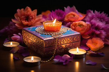 Wall Mural - Diwali lamp, gift box and flower on dark background