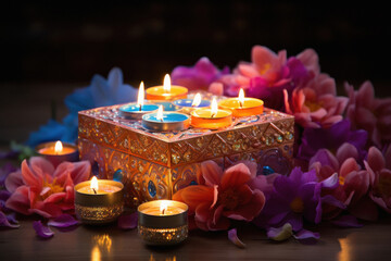 Wall Mural - Diwali lamp, gift box and flower on dark background