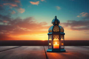 Wall Mural - Ornamental Arabic or islamic lantern on light blur bokeh background.