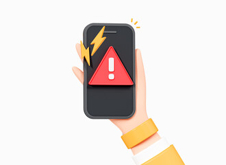 Poster - 3d hand holding mobile phone with exclamation mark notice. warning sign on smartphone screen. alert 
