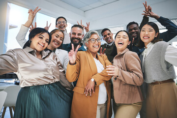 Sticker - Happy, peace sign and portrait of business people in the office for team building or bonding. Smile, diversity and group of creative designers with manager having fun with goofy gesture in workplace.