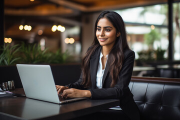 Young indian businesswoman or corporate employee using laptop