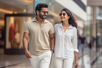 Canvas Print - Young indian couple walking together at shopping mall.