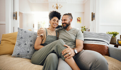 Poster - Home, love and couple with marriage, relax or commitment with happiness, bonding or romance in a lounge. People, man or woman on sofa, portrait or romantic with relationship, trust or loving together