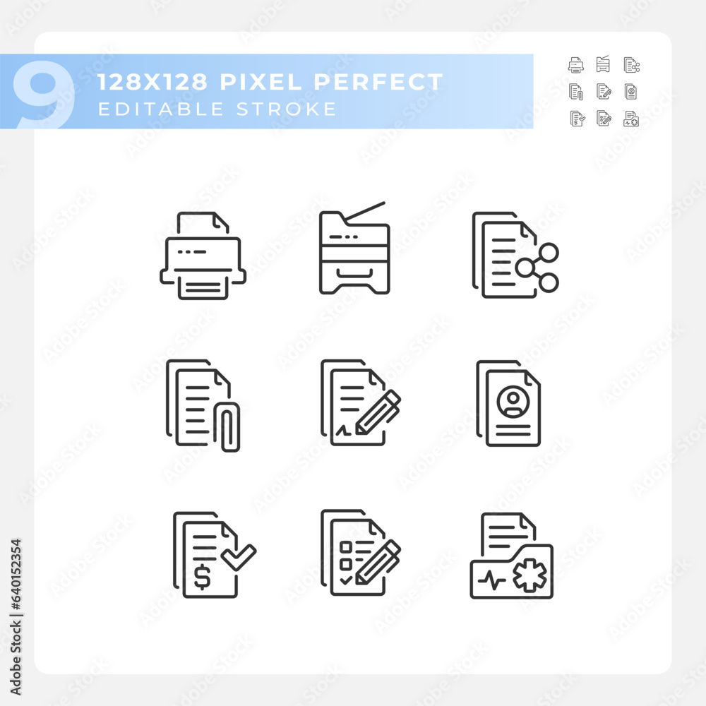 Pixel perfect black icons representing document, editable thin line ...