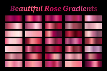 Pink gradients vector set. Barbie theme. Rose color palette swatch templates. Metal pink pastel gradients for valentine cards, certificate, ribbon, banner. Vector neon foil color gradations EPS10