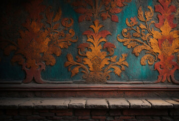 Wall Mural - A wall with a floral design and a ledge