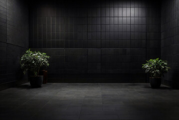 A black room with two potted plants and a wall of bricks