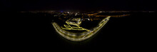 Kaluga, Russia. Space Rocket. Embankment Yachenskoe Reservoir. Panorama 360. Aerial View At Night