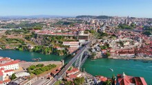 Porto, Portugal: Aerial View Of Famous European City, Center With Iconic Historic Luís I Bridge (Ponte Luís I) Over Douro River, Ribeira District - Landscape Panorama Of Southern Europe From Above
