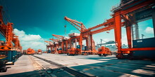 Industrial Cranes Lifting And Moving Heavy Materials In A Dockyard. Generative Ai
