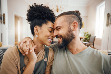 Poster - Home, forehead or couple with love, smile or romantic with happiness, relationship or relax in a lounge. Commitment, man or woman on a sofa, marriage or romance with bonding, trust or loving together