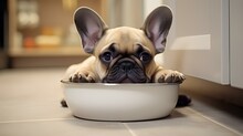 A Dog Near An Empty Bowl, Hinting At Being Fed.