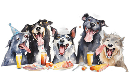 Wall Mural - painting of dogs with happy birthday hats on transparent background