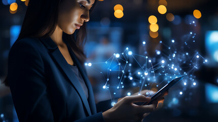 A businesswoman holding a tablet and looking at a virtual blockchain network with data fields floating around.