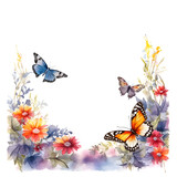 Fototapeta Motyle - 水彩の蝶と花のフレーム