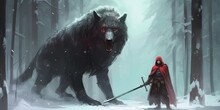 The Man In The Hood With Spear Faceing The Giant Winter Wolf, Digital Art Style, Illustration Painting