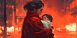 Young mother in red coat carrying her baby standing in the burning city, digital art style, illustration painting
