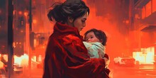 Young Mother In Red Coat Carrying Her Baby Standing In The Burning City, Digital Art Style, Illustration Painting