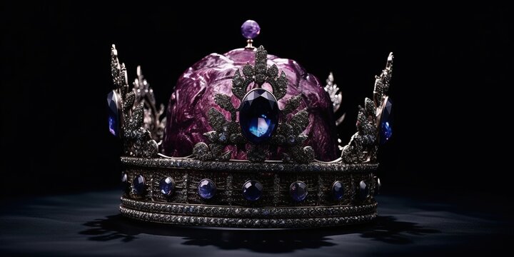 A silver crown with a purple stone on top of it