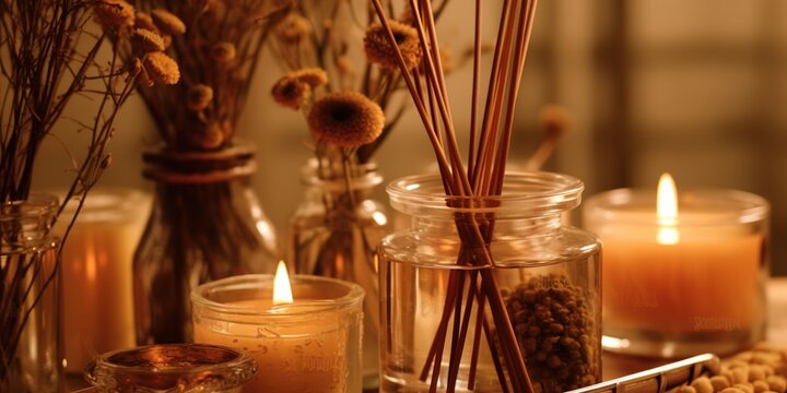 Candles and reed diffusers for aromatherapy session