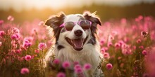 Funny Relaxing Happy Dog Wagging Her Tail In The Flowers With Sunglasses.