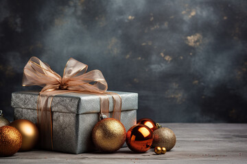 Wall Mural - Gift box and Christmas decorations on dark background. 