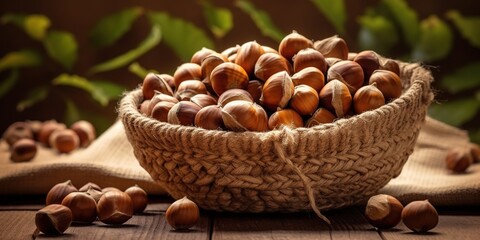 Forest hazelnuts in shell rustic background