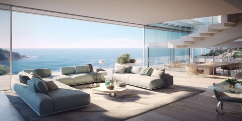 Modern living room overlooking ocean