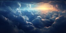 Natural Sun Shines Over Clouds In Deep Blue Stormy Sky