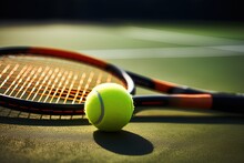 Tennis Ball And Racket On The Court. Generative Ai