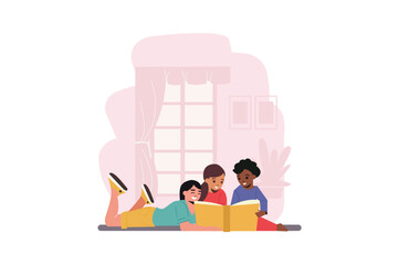Poster - Reading school concept with people scene in the flat cartoon design. A group of children are passionately reading a book that was assigned for homework at school. Vector illustration.