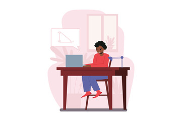 Aufkleber - Online school education concept with people scene in the flat cartoon design. The boy does not go to school and therefore receives knowledge online. Vector illustration.