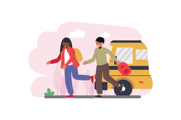 Wall Mural - Concept back from school with people scene in the flat cartoon design. Friends rush to the school bus after school to go home. Vector illustration.