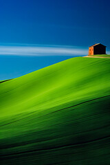 Wall Mural - Green hill with house on top of it and blue sky.
