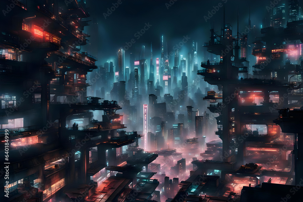 cinematic cityscape view of a massive futuristic cyberpunk city at ...