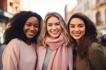 three young woman enjoying time with friends with street background