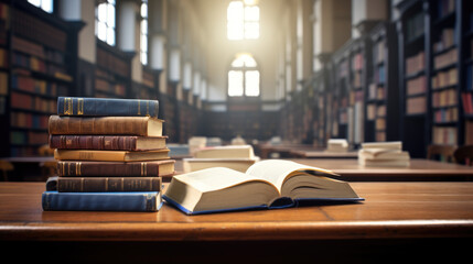 Poster - open book in front of piles of books on library background.created with generative ai technology.