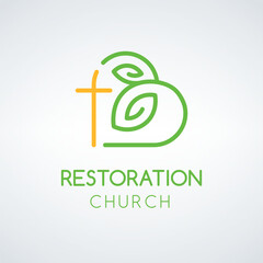 Wall Mural - Letter B with leaves and cross church organization Logo design template, baptism and christian restoration symbol. Stock vector illustration isolated on white background.