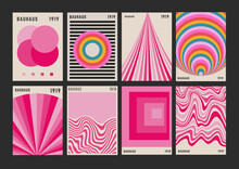 Cool Pink Bauhaus Abstract Art Posters Collection. Set Of Boho Mid-Century Placards. Modern Geometric Retro Print Designs.