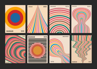 Poster - Set Of Abstract Geometric Posters. Cool Bauhaus Rainbow Covers. Optical Illusion Psychedelic Shapes. Colorful Stripes.